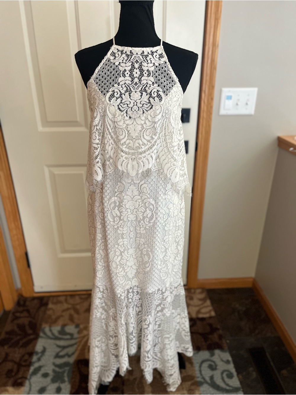 New without tag Shona Joy ivory boho lace high halter handkerchief dress. Size 8
